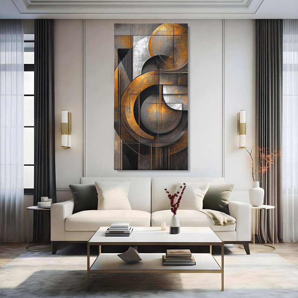 Tablou canvas cu tablou canvas geometric cu cercuri aurii si gri, fara rama, pe sasiu de lemn, pe perete intr-un living